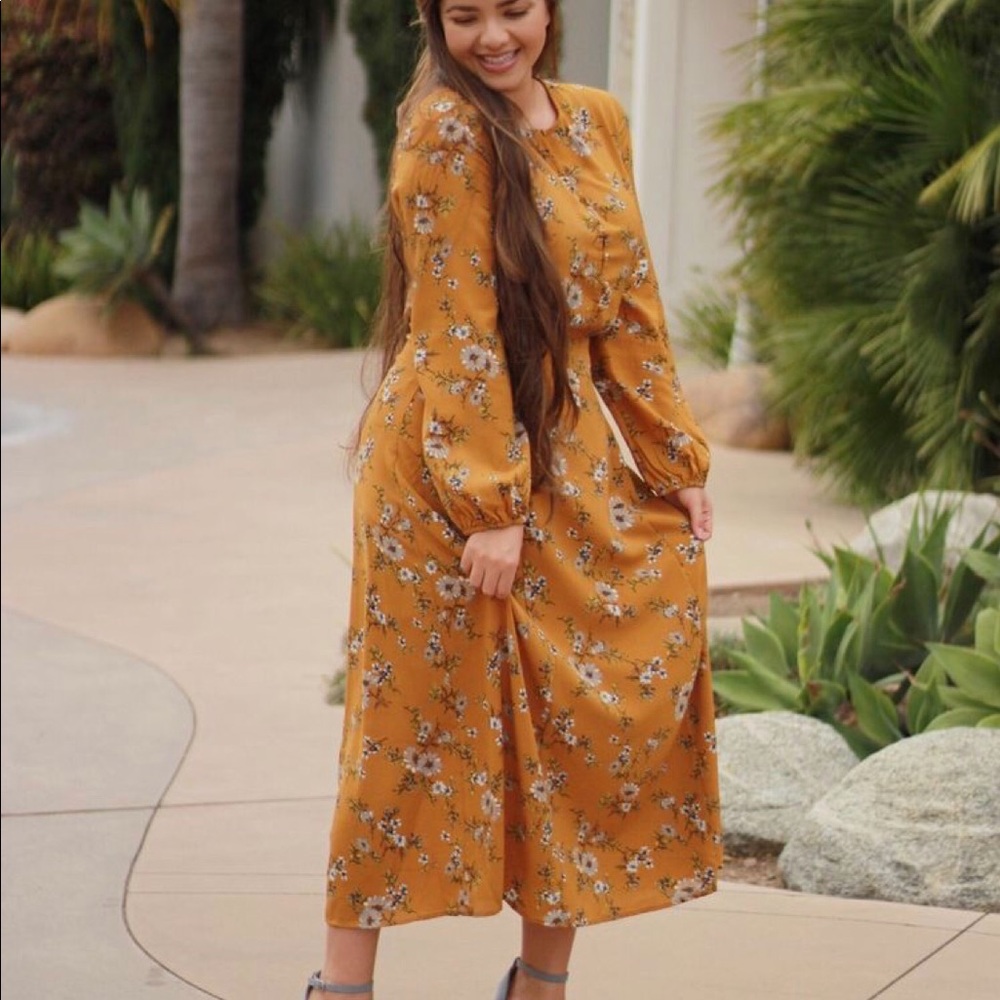 SOLD❗️Skirt Society• Rebecca Floral Mustard Dress• - Picture 1 of 5